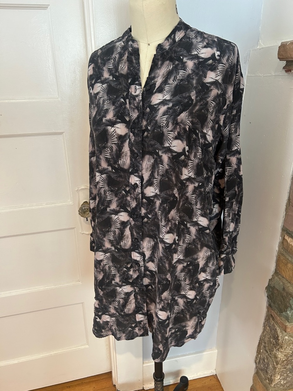 AllSaints Black and Dusty Pink Palm-Print Tunic